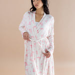 Model wearing the Bamboo Women's Lounge Robe in Toile Ballet ::: Model is 5'6" wearing size XS ///