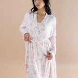 Model wearing the Bamboo Women's Lounge Robe in Toile Ballet ::: Model is 5'6" wearing size XS ///
