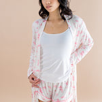 Model wearing the untied Bamboo Women's Lounge Robe in Toile Ballet ::: Model is 5'6" wearing size XS ///