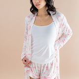 Model wearing the untied Bamboo Women's Lounge Robe in Toile Ballet ::: Model is 5'6" wearing size XS ///