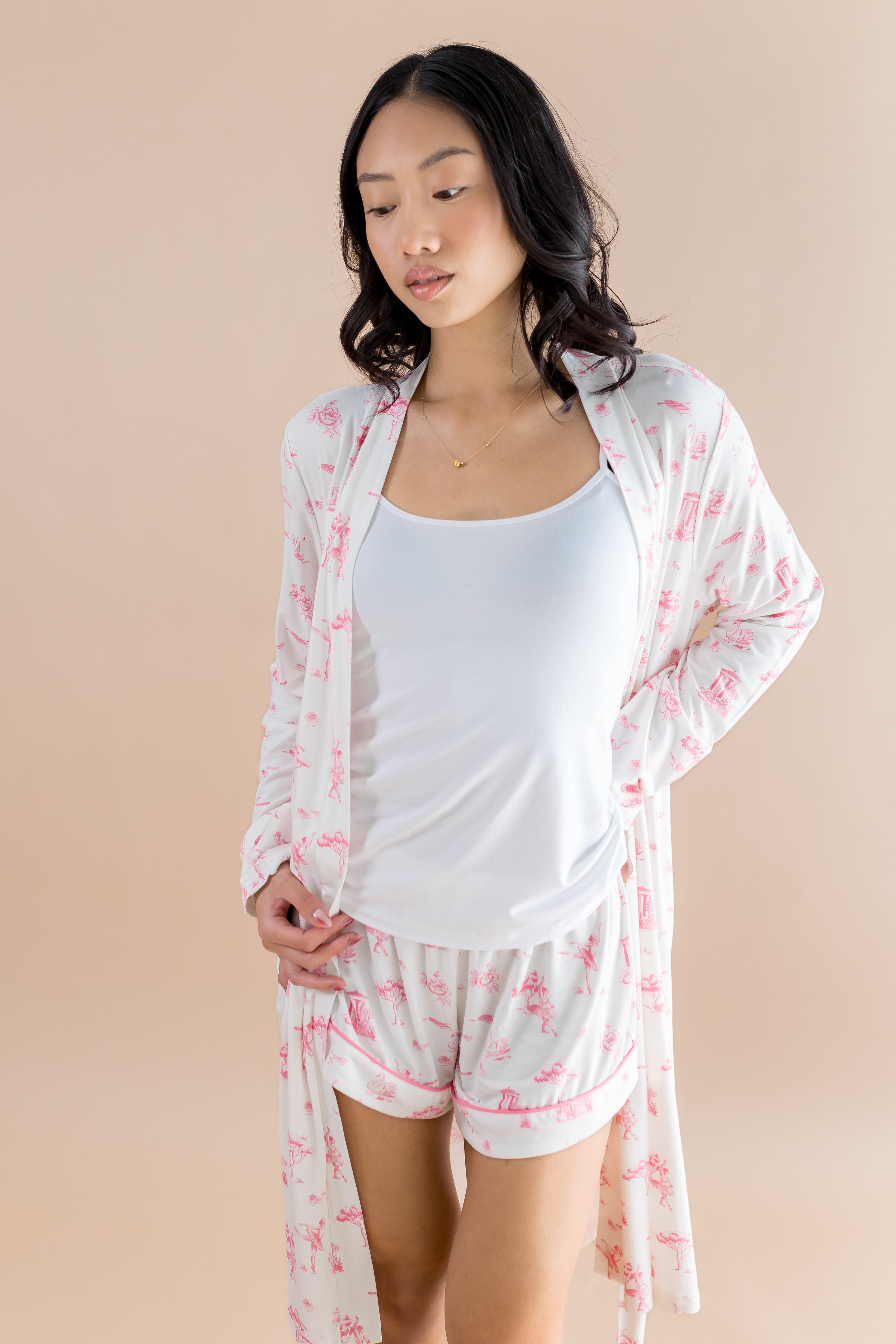 Model wearing the untied Bamboo Women's Lounge Robe in Toile Ballet 