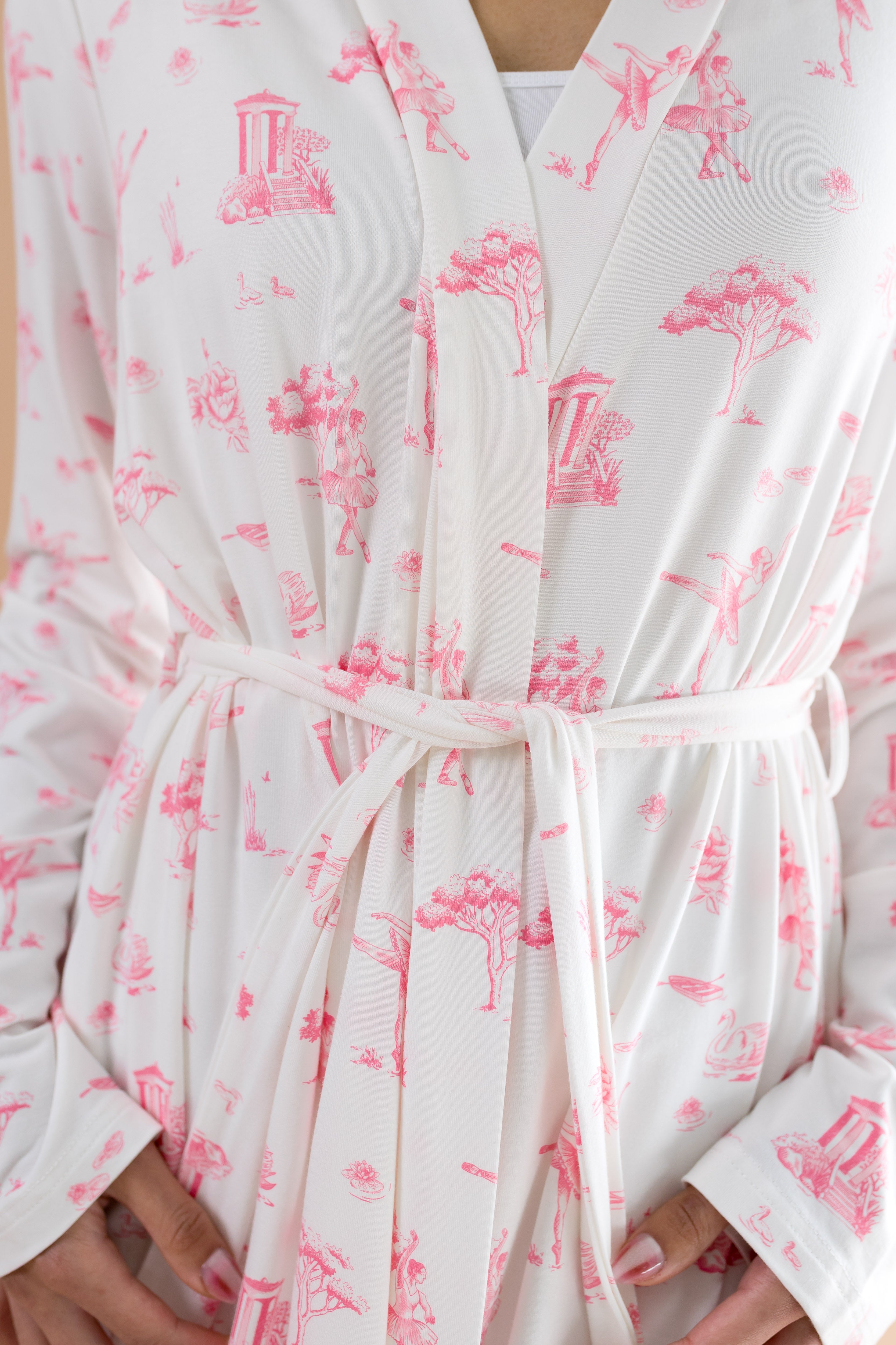 Close up of the Bamboo Women's Lounge Robe in Toile Ballet