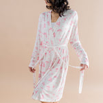 Woman modeling the tied up Bamboo Women's Lounge Robe in Toile Ballet