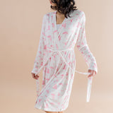 Woman modeling the tied up Bamboo Women's Lounge Robe in Toile Ballet