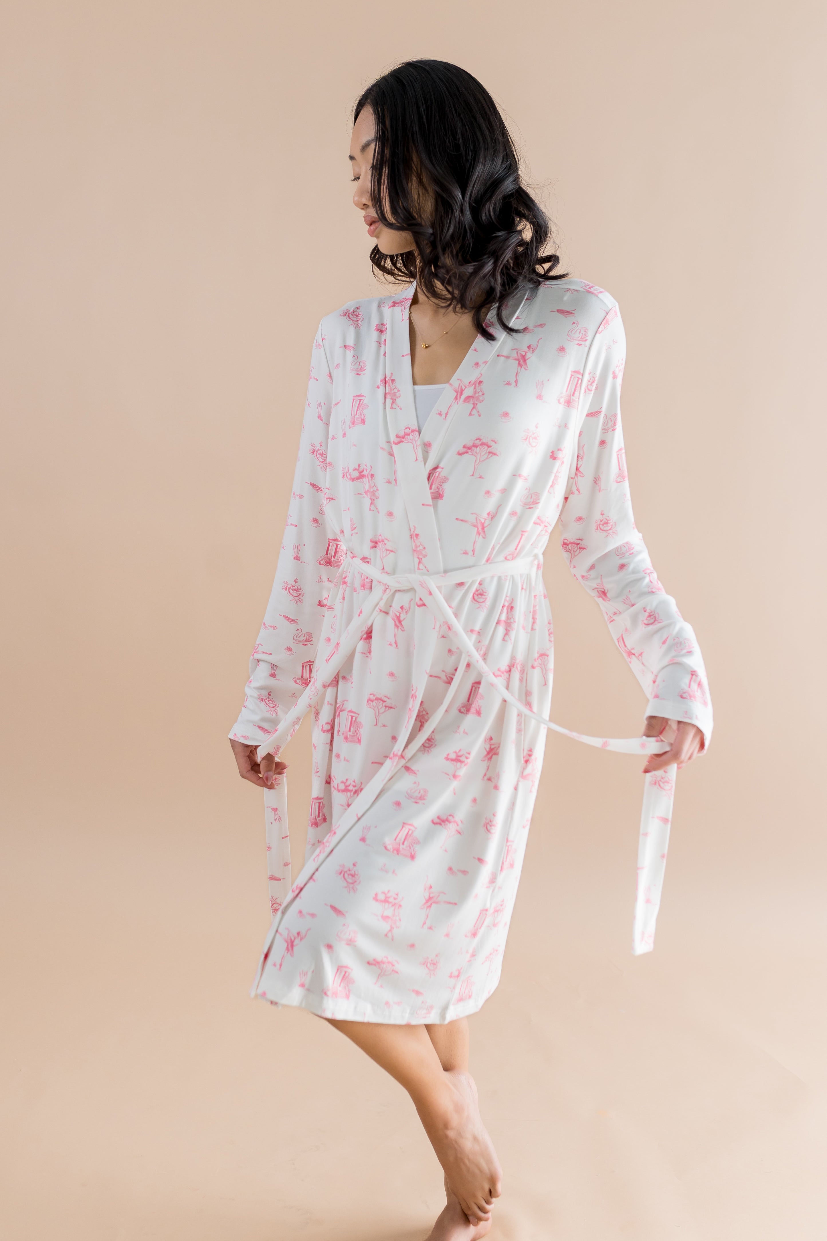Woman modeling the tied up Bamboo Women's Lounge Robe in Toile Ballet