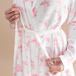 Close up of the Bamboo Women's Lounge Robe in Toile Ballet show casing the tie