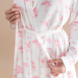 Close up of the Bamboo Women's Lounge Robe in Toile Ballet show casing the tie