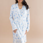 Model wearing the tied up Bamboo Women's Lounge Robe in Toile Safari ::: Model is 5' wearing size XS ///