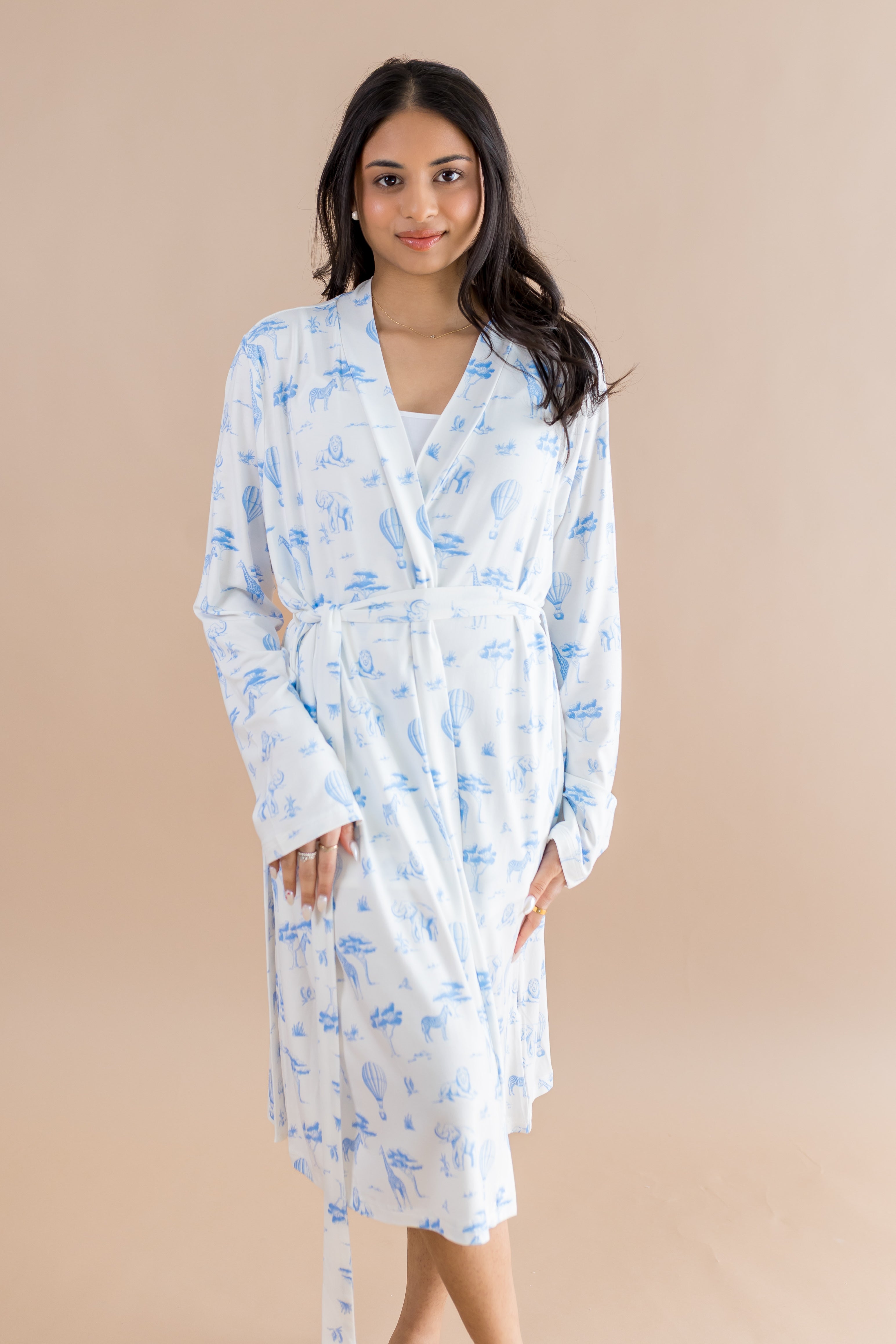Model wearing the tied up Bamboo Women's Lounge Robe in Toile Safari ::: Model is 5' wearing size XS ///
