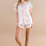 Model wearing the Short Sleeve Pajama Set in Toile Ballet ::: Model is 5'7" wearing size S ///