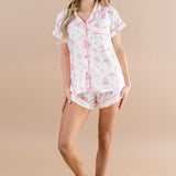 Model wearing the Short Sleeve Pajama Set in Toile Ballet ::: Model is 5'7" wearing size S ///