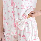 Close up of the Bamboo Women's Short Sleeve Pajama Set in Toile Ballet showcasing the waistband on the shorts