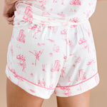 Close up of the back of the shorts of the Bamboo Women's Short Sleeve Pajama Set in Toile Ballet