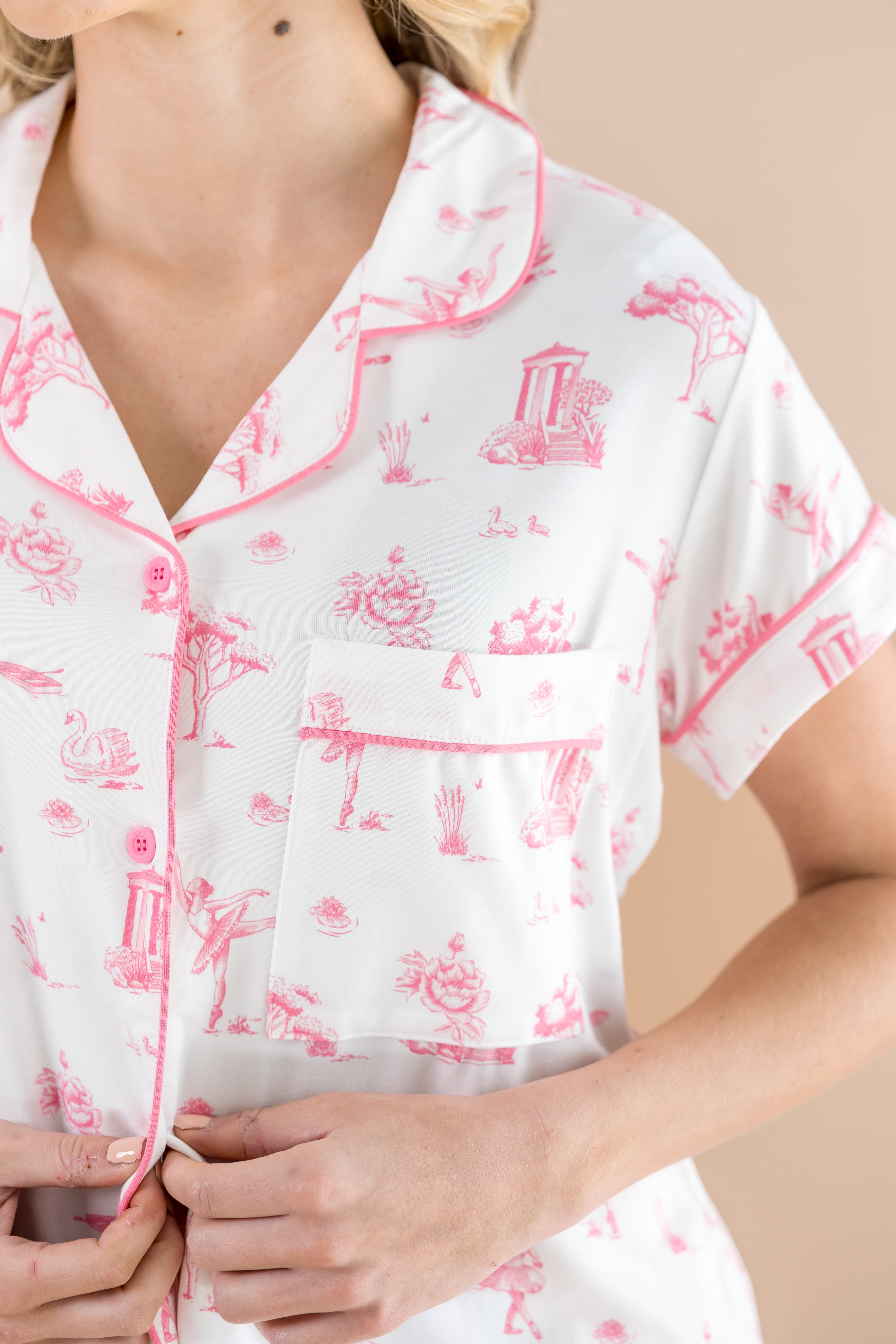 Close up of the top from the Bamboo Women's Short Sleeve Pajama Set in Toile Ballet