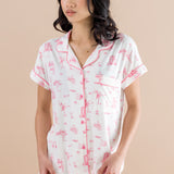Woman looking to the side while modeling the Bamboo Women's Short Sleeve Pajama Set in Toile Ballet::: Model is 5'6" wearing size XS ///