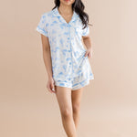 Model wearing the Kyte Bamboo Women's Short Sleeve Pajama Set in Toile Safari ::: Model is 5' wearing size XS ///