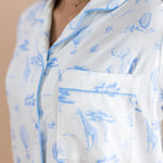 Close up of the pocket and lining in the top of the Bamboo Women's Short Sleeve Pajama Set in Toile Safari