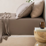 Bamboo Sateen Sheet Set in Truffle shown on bed  