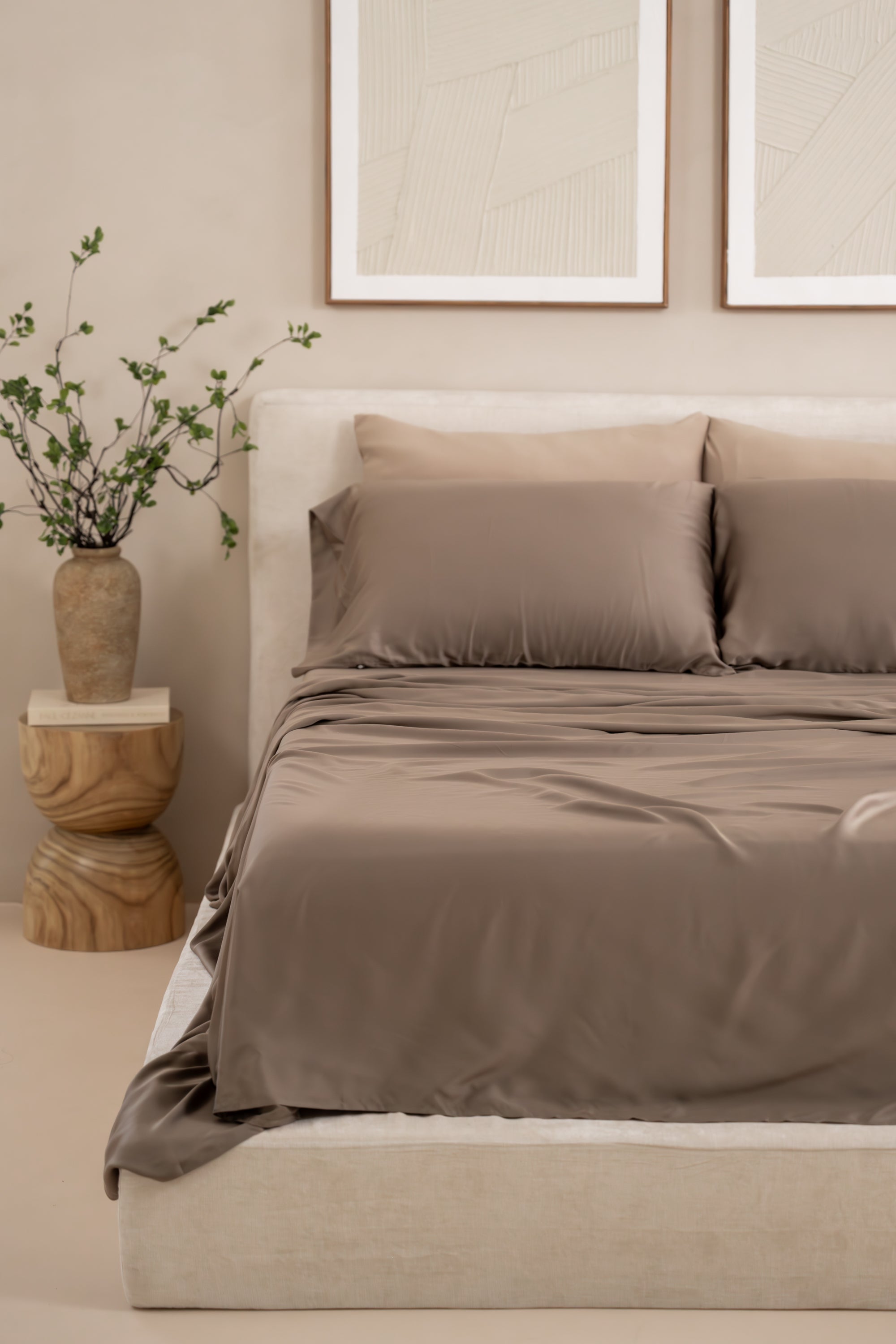 Bamboo Sateen Sheet Set in Truffle shown on a bed 