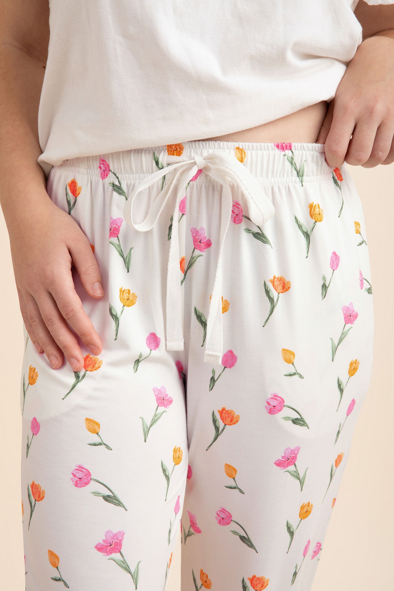Close up of tie waistband shown on the Women's Lounge Pants in Tulip