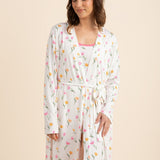 Female modeling the Women's Lounge Robe in Tulip with matching pajamas on underneath