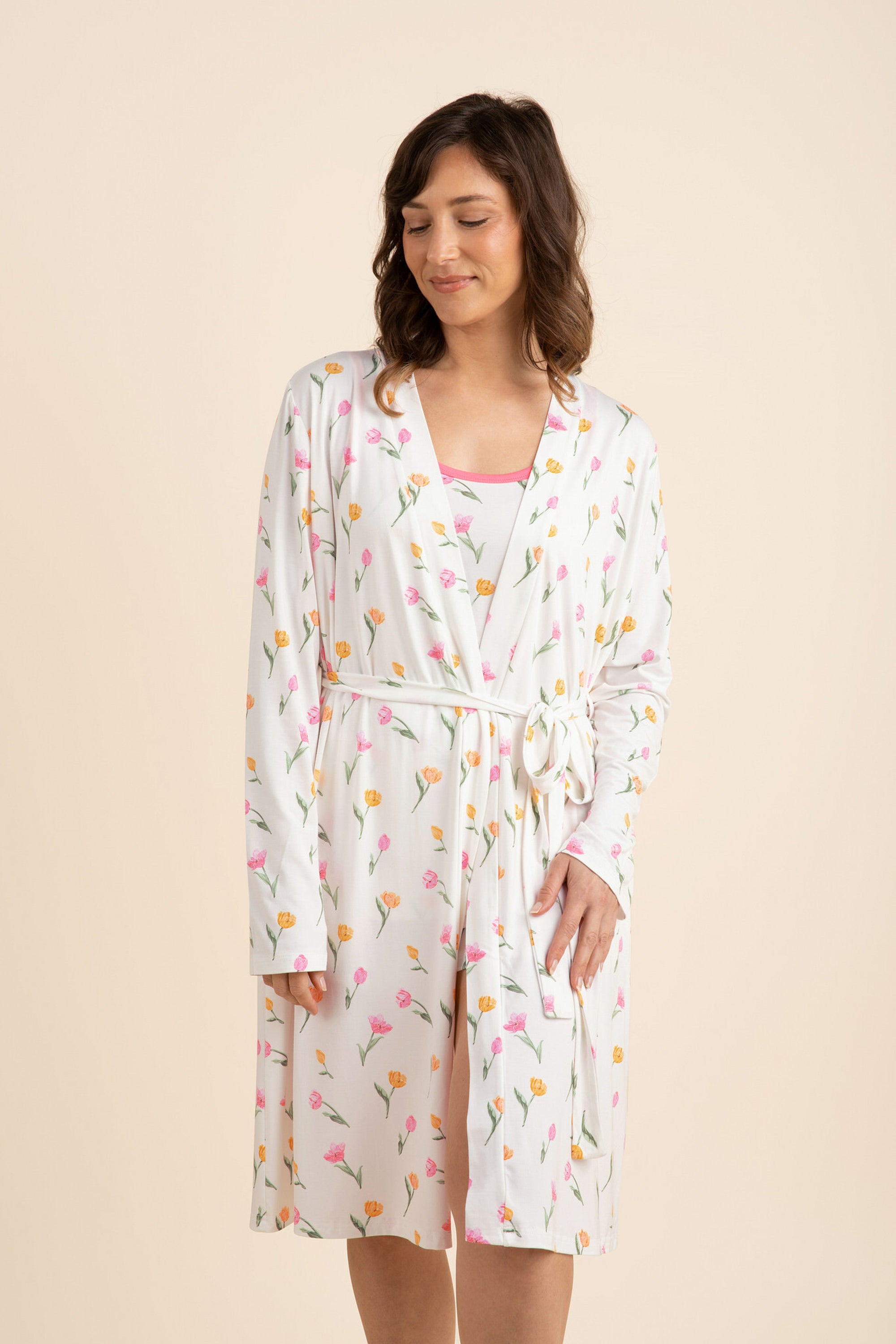 Female modeling the Women's Lounge Robe in Tulip with matching pajamas on underneath