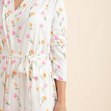Close up of the arm length and waist tie on the Women's Lounge Robe in Tulip