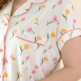 Close up of the chest pocket and pink trim on the Women's Short Sleeve Pajama Set in Tulip
