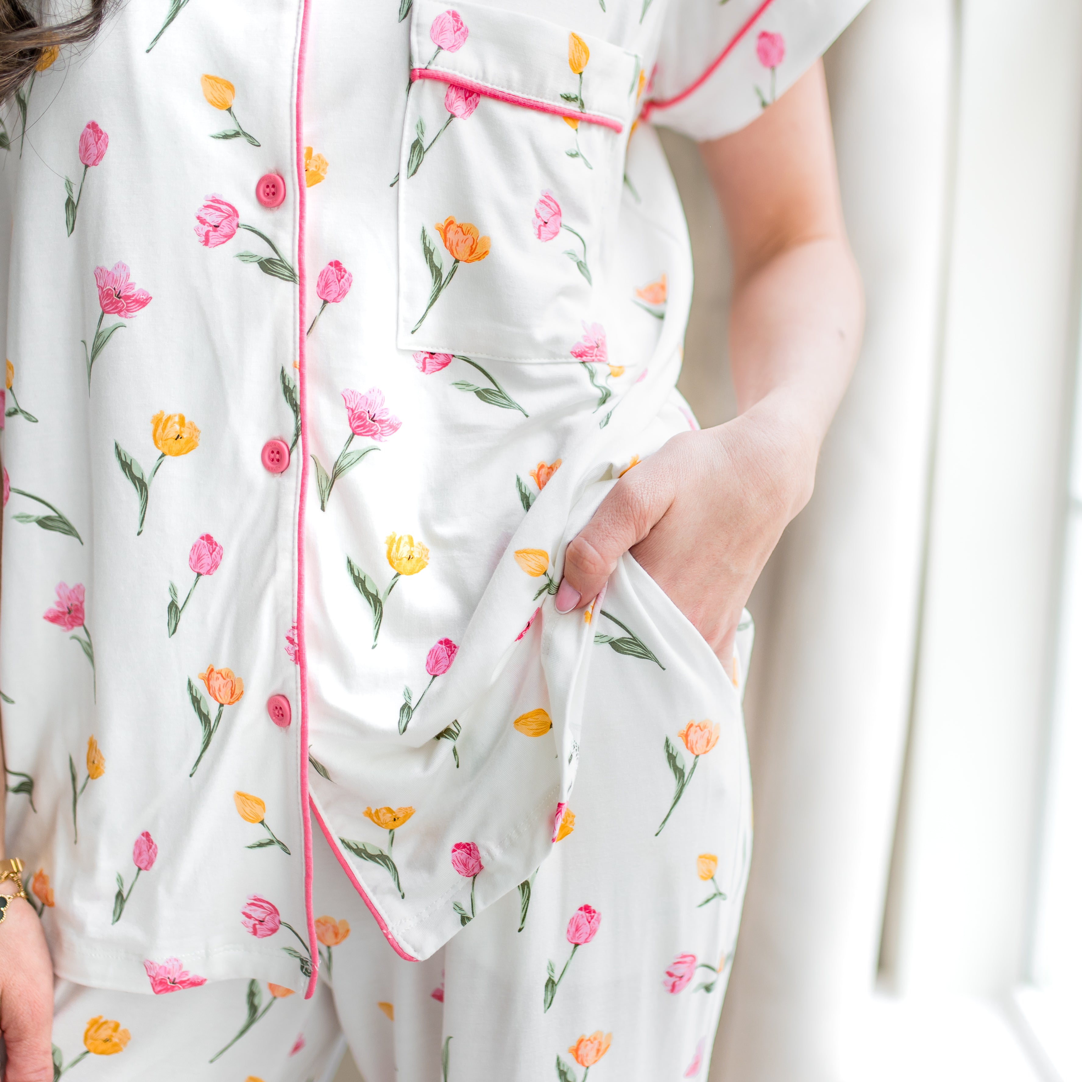 Close up of the print and pocket detail on the Women's Short Sleeve Cropped Pajama Set in Tulip