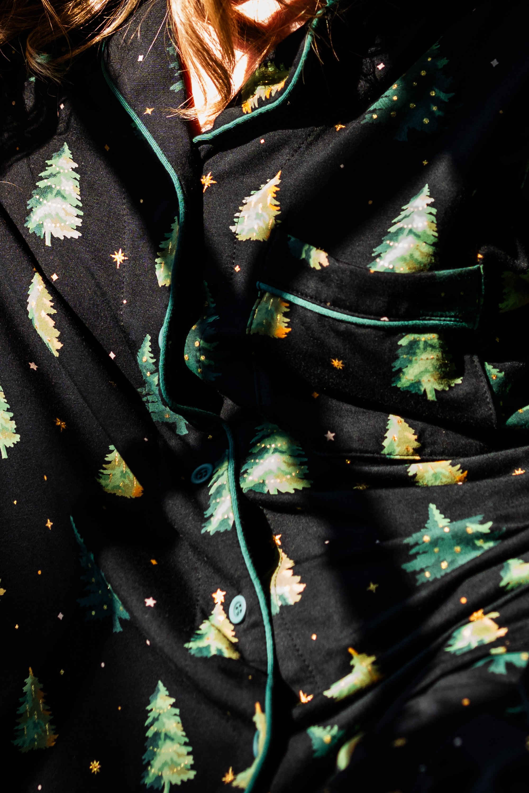 Close up of the top from the Bamboo Long-Sleeved Women's Pajama Set in Twinkle Tree