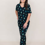 Model wearing the Women's Relaxed Fit V-Neck in Twinkle Tree paired with matching lounge pants