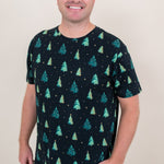 Man smiling while modeling the Men's Crew Neck Tee in Twinkle Tree