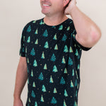 Model with hand in his head while wearing the Kyte Men's Crew Neck Tee in Twinkle Tree