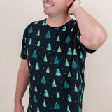 Model with hand in his head while wearing the Kyte Men's Crew Neck Tee in Twinkle Tree