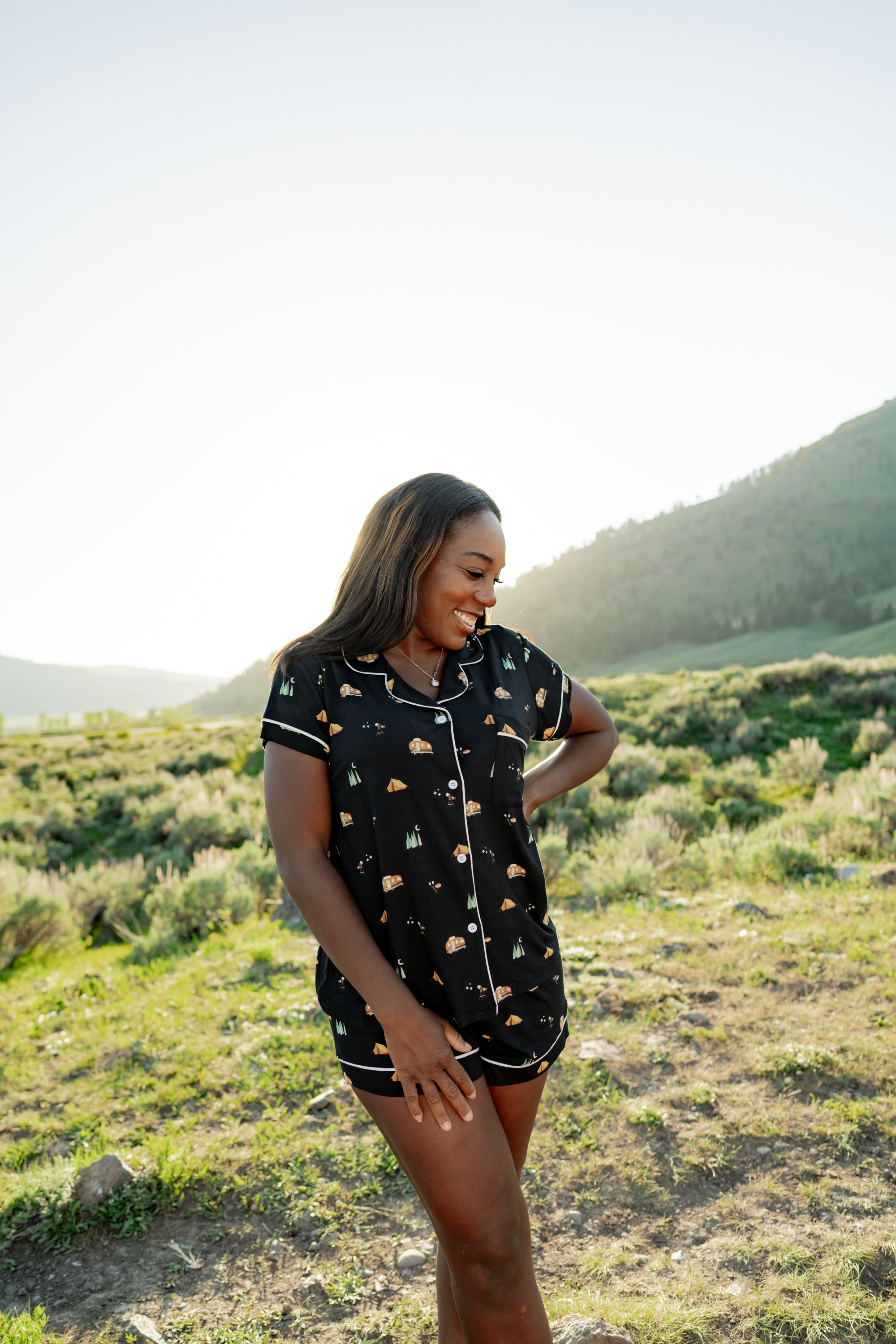 Woman modeling Women's Short Sleeve Pajama Set in Under the Stars in Yellowstone National Park