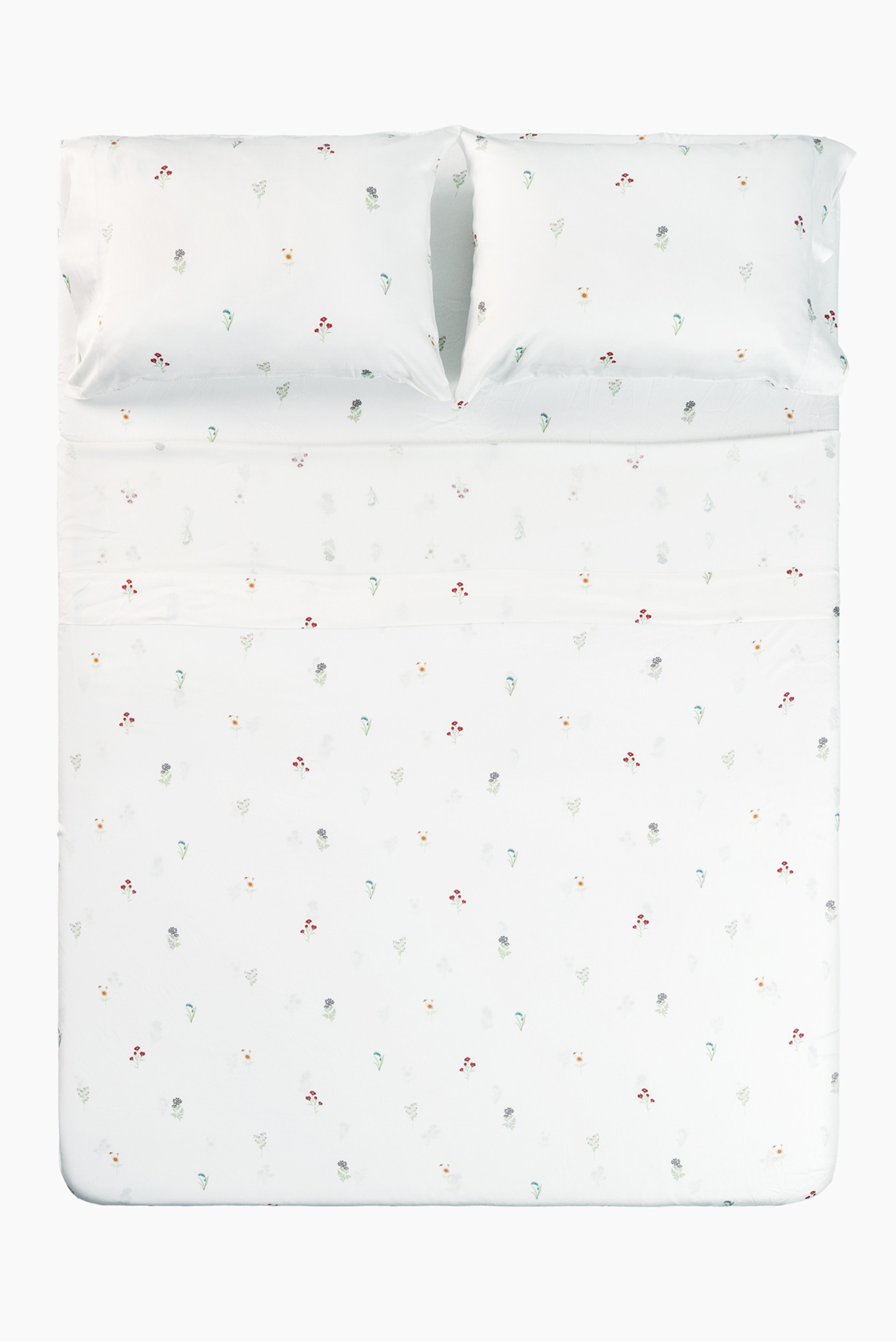 Overhead shot of the Bamboo Sateen Sheet Set in Wildflower on a bed 