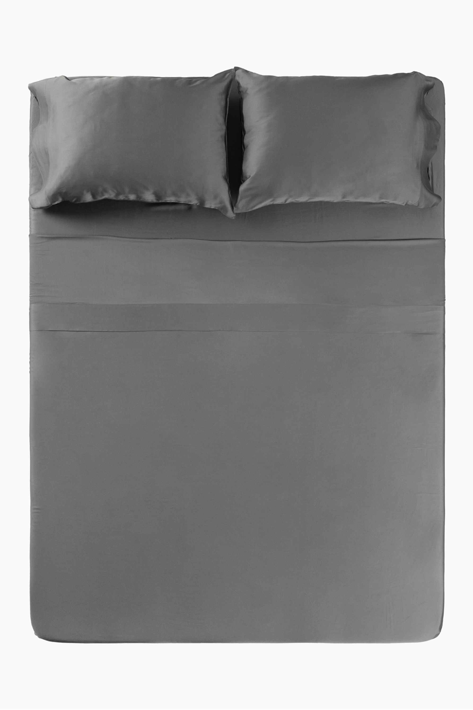 Overhead photo of the Bamboo Sateen Sheet Set in Ash on a bed