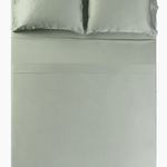 Over head photo of the Bamboo Sateen Sheet Set in Eucalyptus on a bed