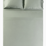 Over head photo of the Bamboo Sateen Sheet Set in Eucalyptus on a bed