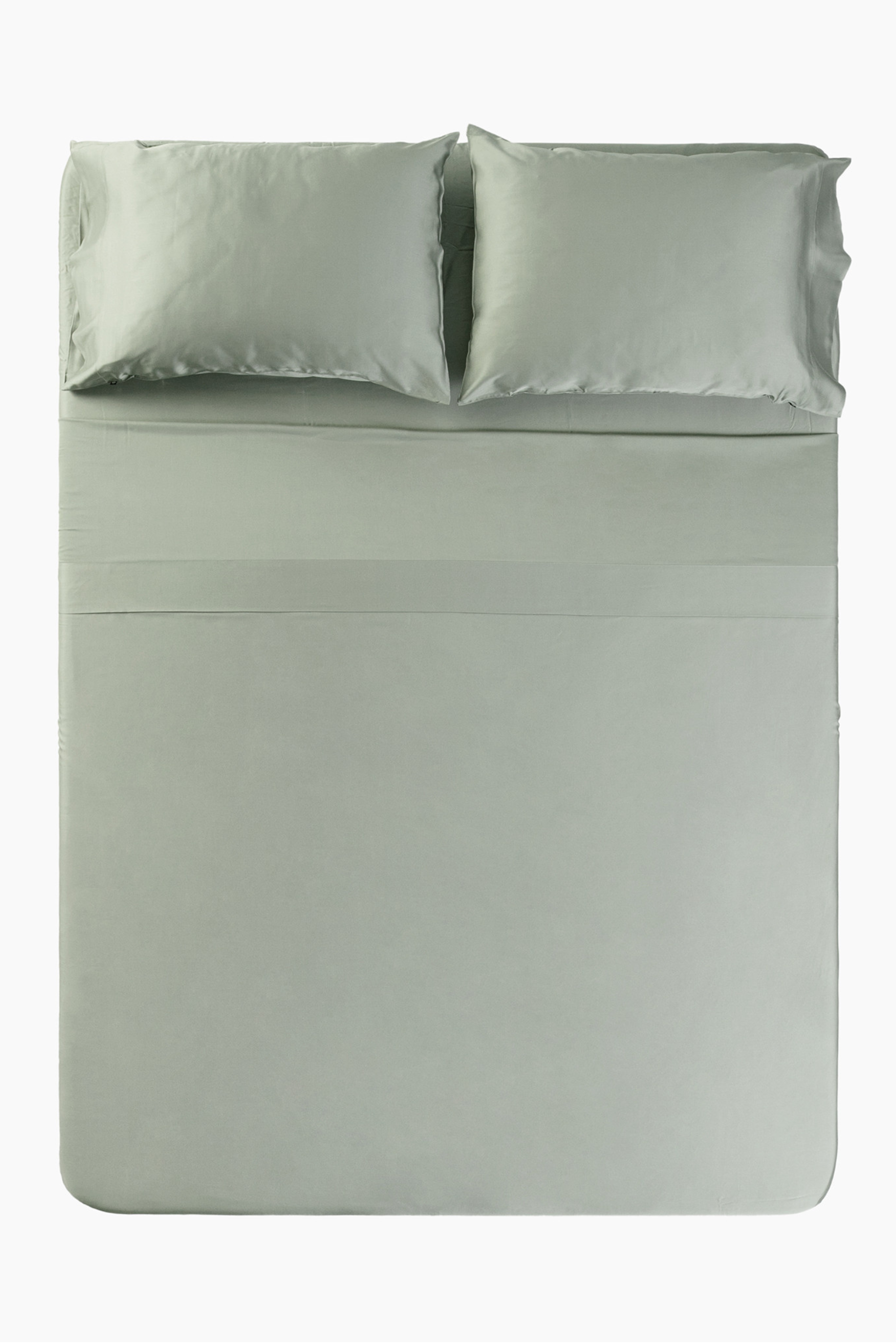 Over head photo of the Bamboo Sateen Sheet Set in Eucalyptus on a bed