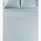 Overhead photo of the Bamboo Sateen Sheet Set in Ice on a bed