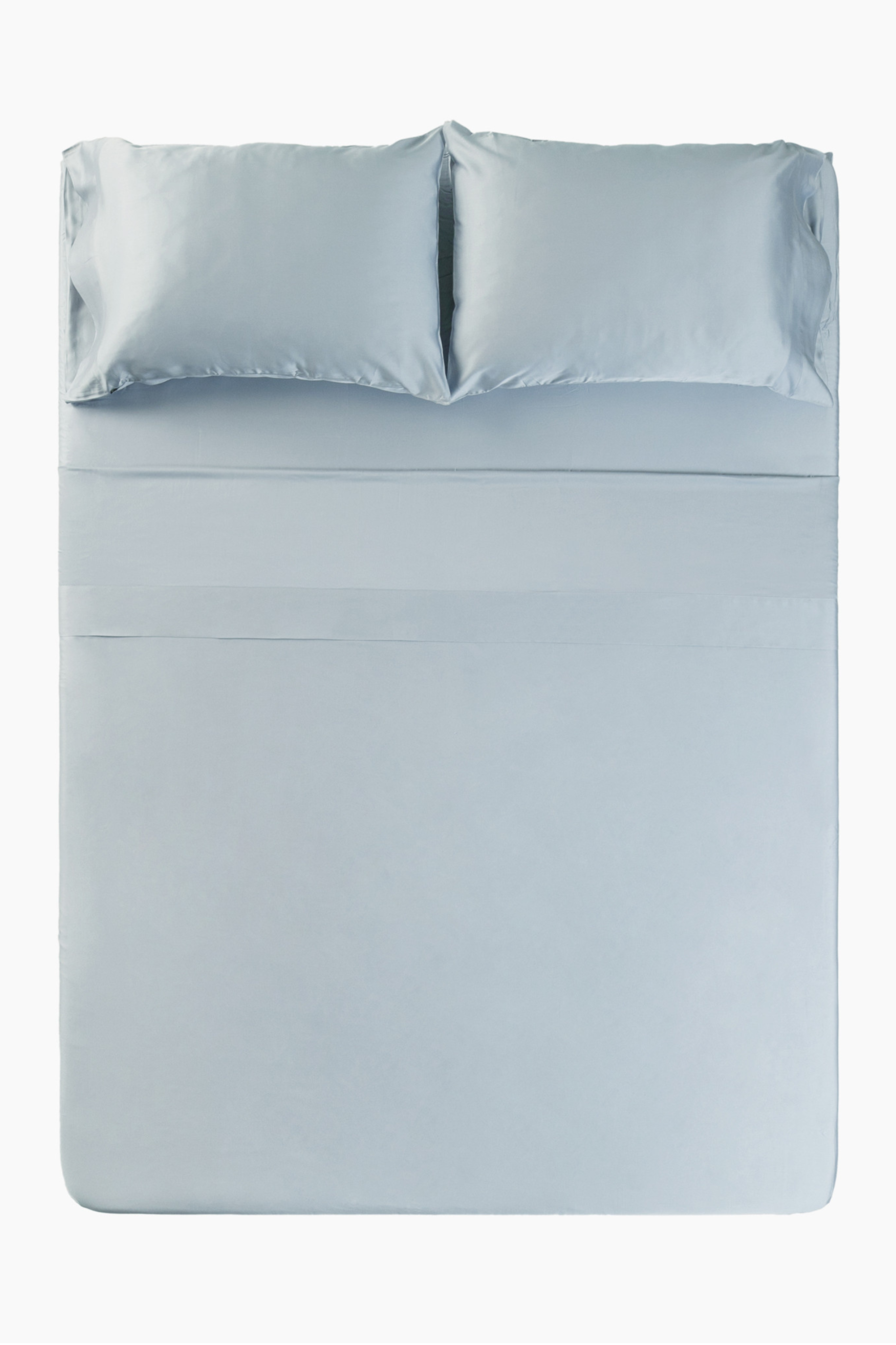 Overhead photo of the Bamboo Sateen Sheet Set in Ice on a bed