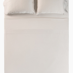 Overhead photo of the Bamboo Sateen Sheet Set in Sand Stone on a bed