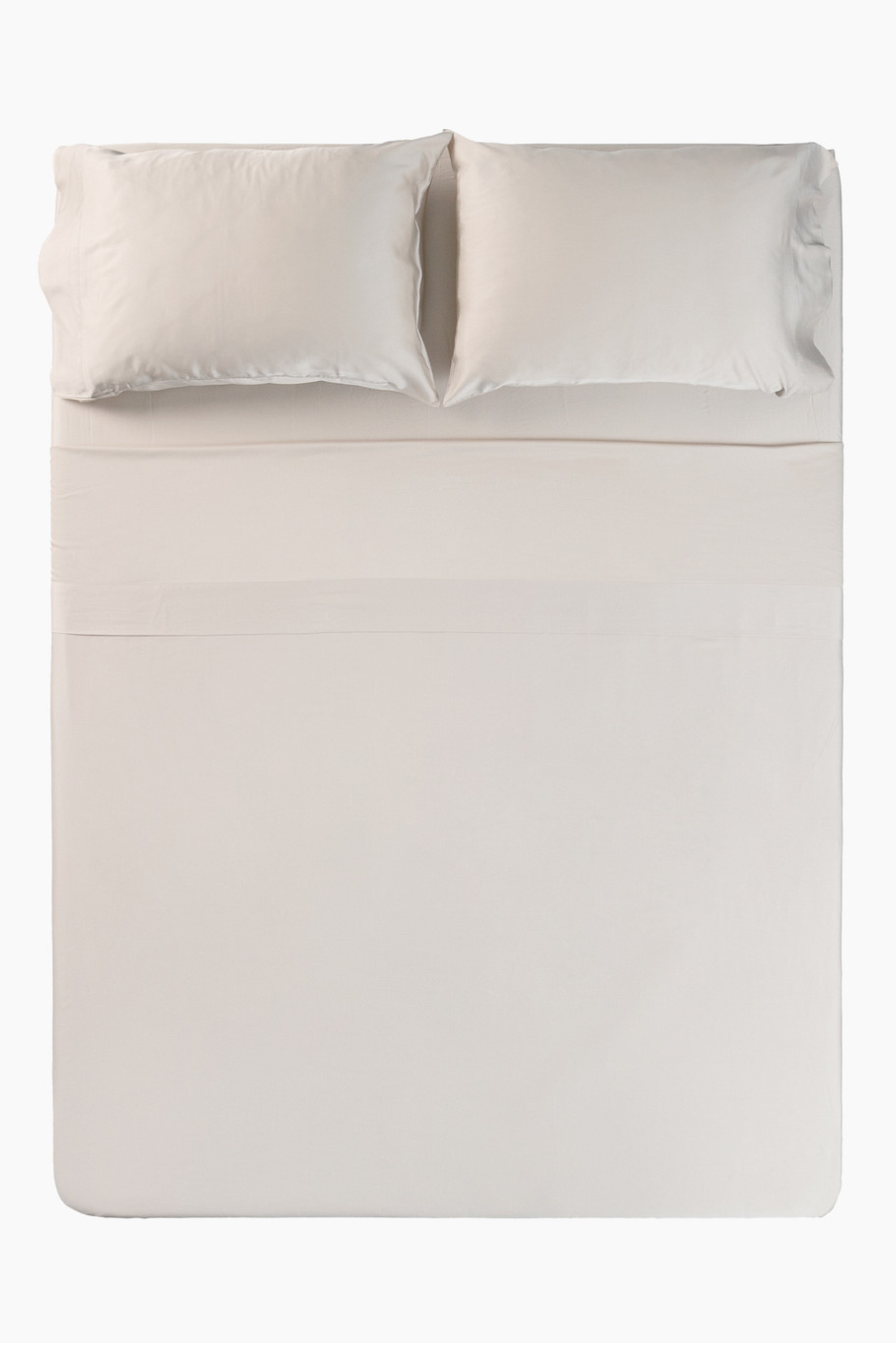 Overhead photo of the Bamboo Sateen Sheet Set in Sand Stone on a bed