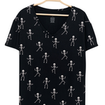 Women's black Relaxed Fit V-Neck with a skeleton print on a hanger with a white background