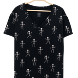 Women's black Relaxed Fit V-Neck with a skeleton print on a hanger with a white background