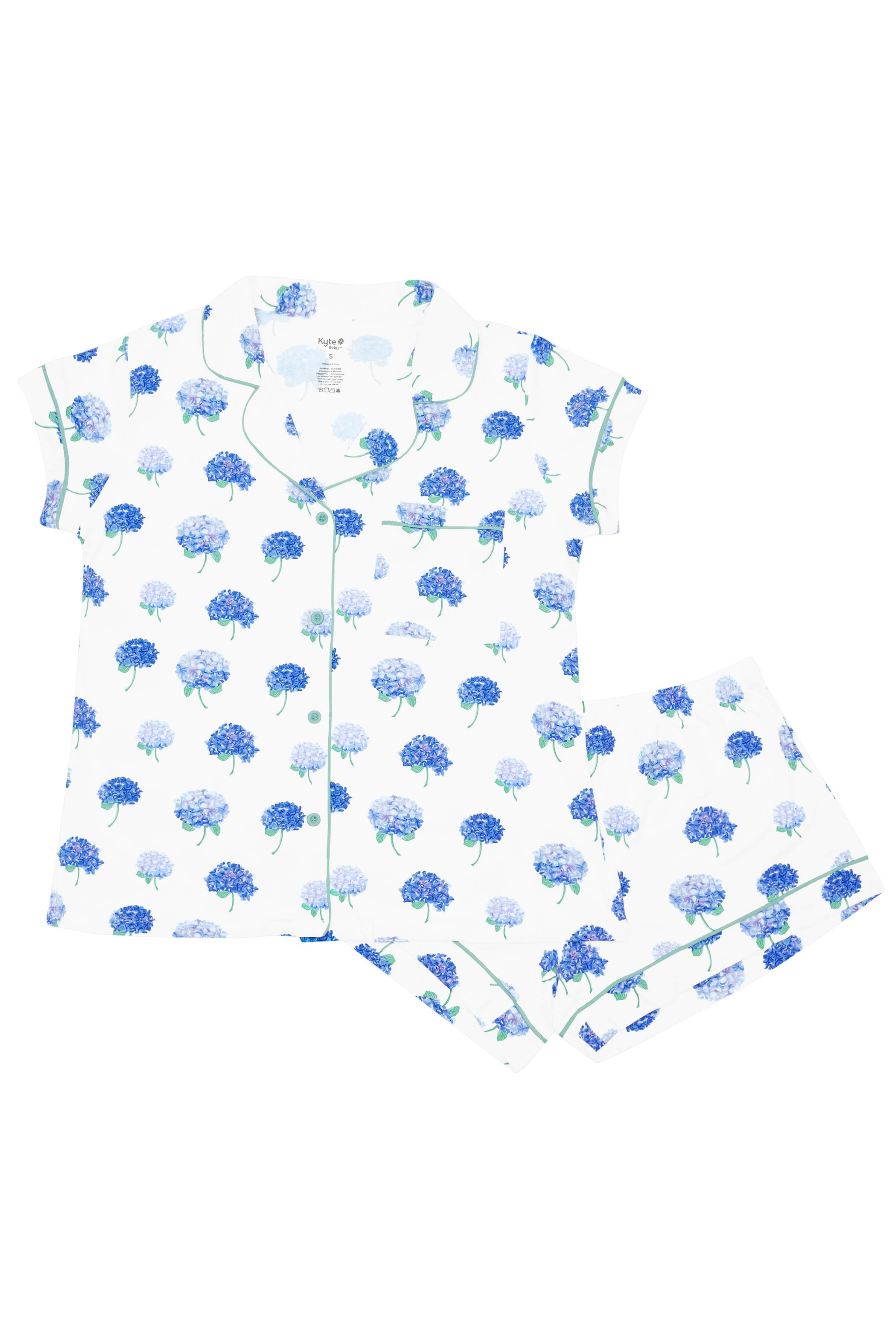 Women’s Short Sleeve Pajama Set in Hydrangea on white backdrop
