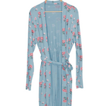 Blue robe with pink peony floral pattern on a hanger