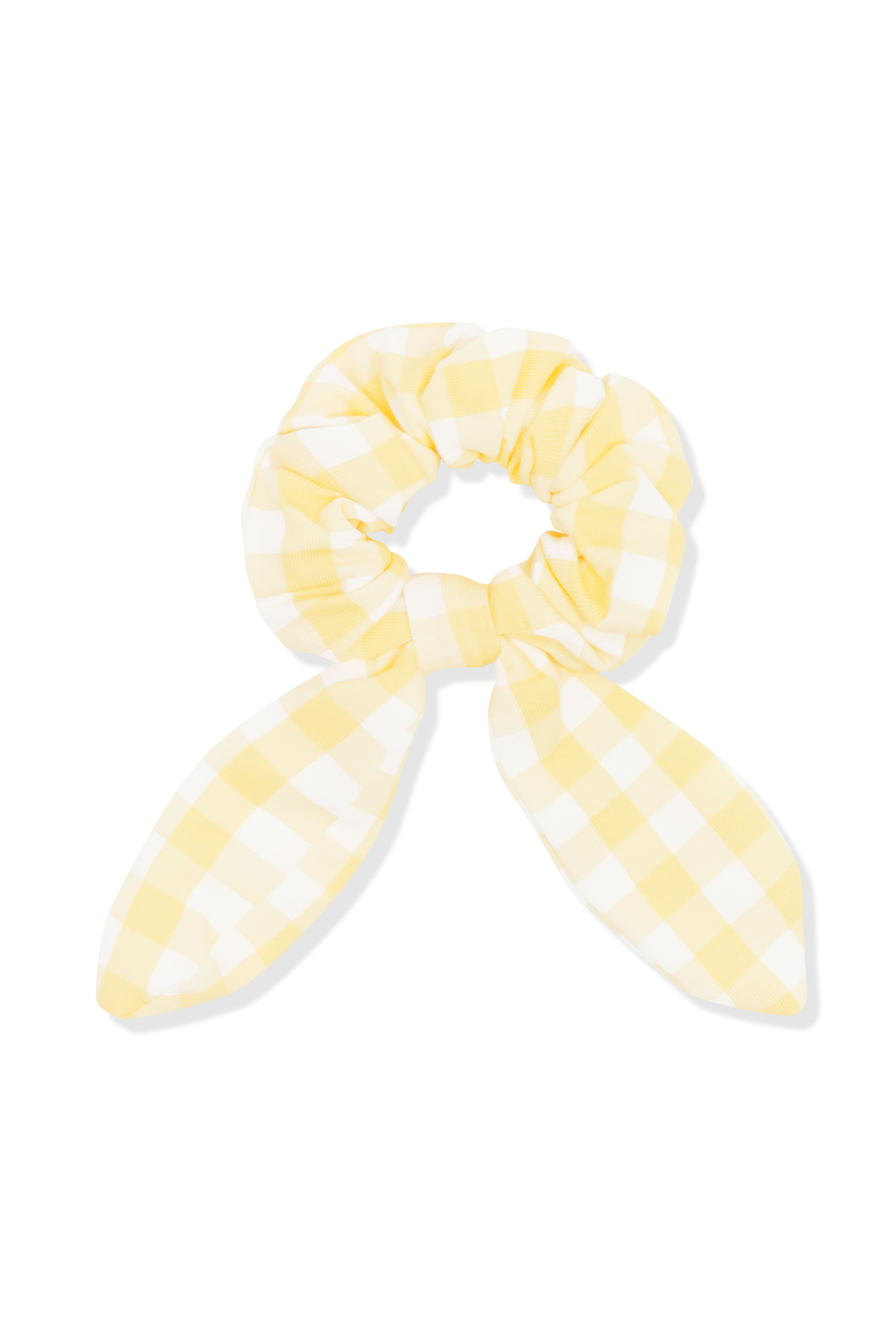 gingham yellow scrunchie on white background