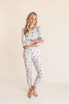 Model wearing Women's Jogger Pajama Set in Vanilla Mahjong print on a beige background
::: Model is 5'9" wearing size XS ///
